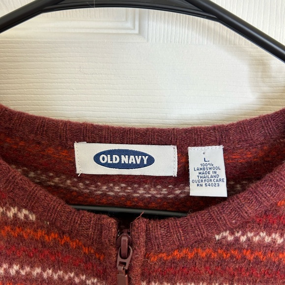 Old Navy women’s size L 100% lambs wool zip sweater cardigan red pattern winter - Picture 2 of 5